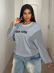Maweii Plus Size Women Letter & Stripe Patchwork Sweatshirt, Suitable For Autumn - Light Grey - View 3