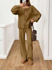 EURMUSE 2pcs Women Casual Solid Color Drawstring Cardigan Knit Set - Camel - View 3