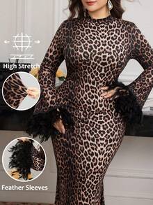 Modelyn Große Größen Damen Leopard Muster Tier Muster Feder Manschetten Kleid mit Fischschwanz-Saum