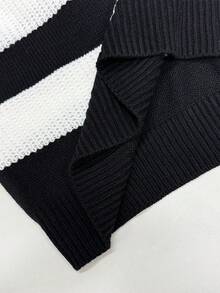 Coolane Women's Fall/Winter Streetwear Going Out Vintage Basic Warm Striped Graphics V-Neck Loose Black And White Chunky Sweater - Black and White - View 6
