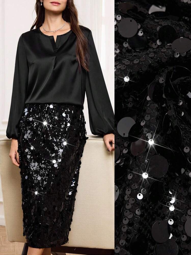 2 piezas/Set Top de satén y falda con lentejuelas para mujer, conjunto elegante para fiesta con elementos de lentejuelas, conjunto de otoño/invierno, conjunto de fiesta, conjunto de graduación. Conjunto de falda y blusa para mujer, top negro con lentejuelas, conjunto de falda negra