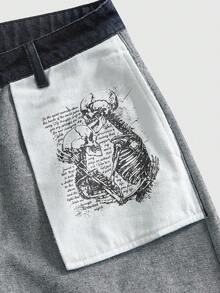 ROMWE MEN Street Life Spring Casual Graphic Men'S Contrast Color Patchwork Slogan Print Loose Fit Denim Jeans - Blue - View 5