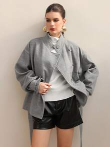 Modelyn Cappotto casual coreano con colletto a doppia faccia grigio, con laccetti, adatto per autunno/inverno - Grigio - Visualizzare 2
