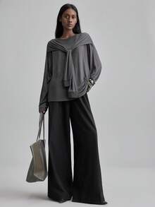 Ontre Women's Casual Solid Color Bow Decor Loose Long Sleeve Top T-Shirt, Suitable For Urban Commute, Business Casual, Office Wear, Teacher Outfit, Wedding Guest Attire, Elegant Basic Outerwear Gray Top Athleisure Wear Oversized Sweatshirt Woman Grey Tops For Women Baggy Shirts For Women Low-Key And Durable Basic Style, All-Match And Suitable For Everyone, Street Fashion Wear, Coffee Shop Wear, Relaxed Wear All-Season