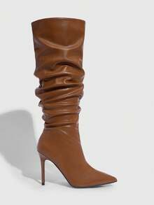 CUCCOO SZL Botas de tacón de aguja con punta de rhinestone y pliegues sobre la rodilla, adecuadas para citas y fiestas - Marrón - Ver 6