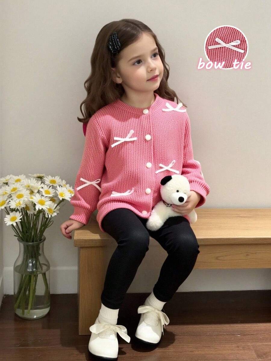 Elladie kids 2 Stücke Set aus Jacke und Hose im koreanischen Stil für Säuglinge/Kleinkinder, mit weißem Schleifenakzent, langärmeliger Strickjacke und einfarbiger Strickhose, süß und bequem für Frühling, Herbst und Winter