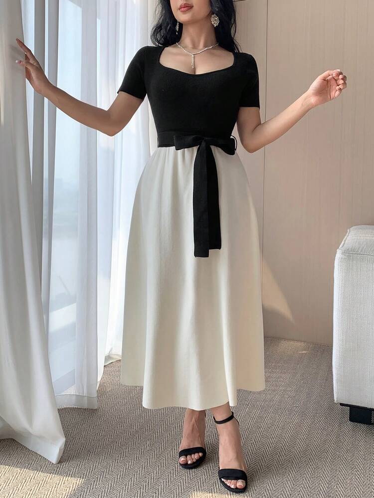 Women's Colorblock Patchwork Elegant Long Knit Sweater Dress, Short Sleeve