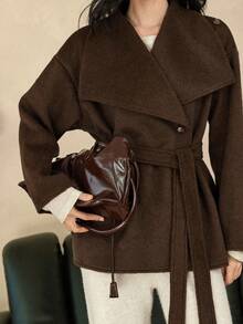 Dazy-Less 女士优雅时尚厚款短款棕色羊毛混纺休闲商务外套，秋冬 - 棕色 - 查看 1