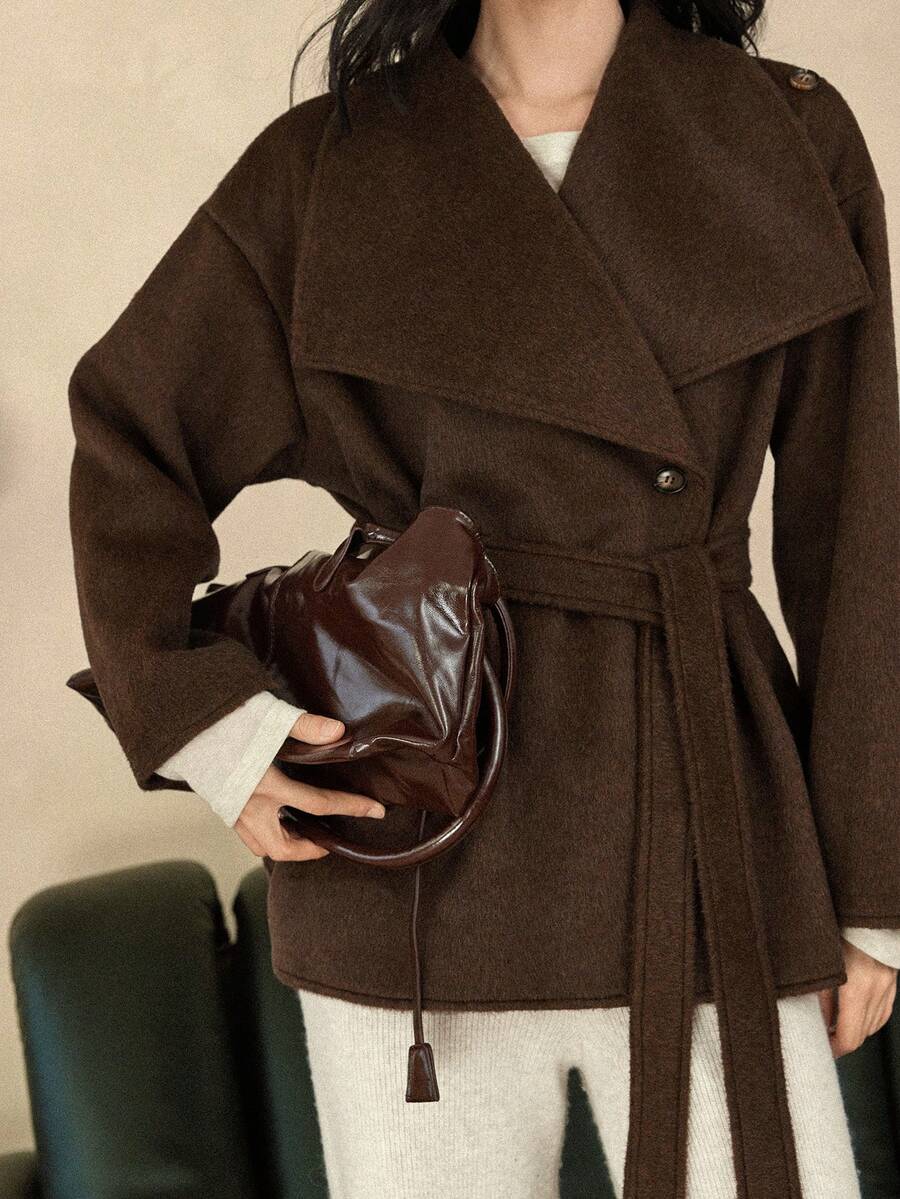 Dazy-Less 女士优雅时尚厚款短款棕色羊毛混纺休闲商务外套，秋冬 - 棕色 - 查看 1