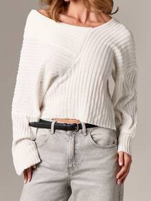AiiRZ Áo len dệt kim hở vai có gân crop top thu đông thường ngày - Màu be - Xem 4