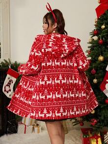 SHEIN EZwear Plus Size Women's Christmas Reindeer Pattern Long Sleeve Hooded Jacket,Black And White,Autumn,Casual,Elegant,Wedding Guest,Chic New Year Thanksgiving - Red - View 8