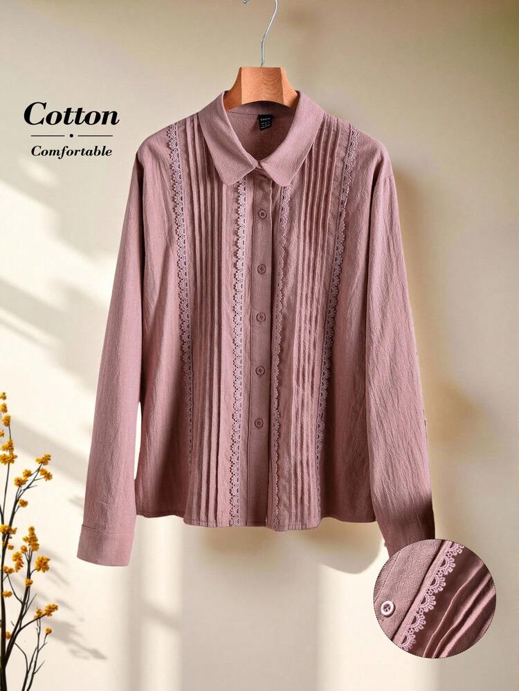 Women's Contrast Lace Long Sleeve Pleated Single-Breasted Casual Shirt  Winter Clothes For Women