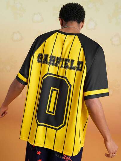 GARFIELD | SHEIN Men's Cartoon & Striped Pattern Colorblock V-Neck Short Sleeve T-Shirt