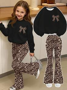 SHEIN Leap Crew Tween Girls Knit Crew Neck Letter Graphic Loose Sweatshirt And Flare Pants Casual 2 Pieces Set - Multicolor - View 1