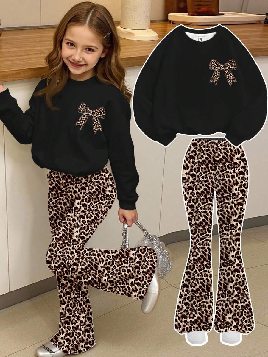 SHEIN Leap Crew Tween Girls Knit Crew Neck Letter Graphic Loose Sweatshirt And Flare Pants Casual 2 Pieces Set - Multicolor - View 1