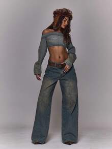 MUSERA 印花水洗超短露肩长袖牛仔上衣，冬季外出日常夜游休闲酷炫街头风，水洗时尚，春夏百搭 - 淺色水洗藍 - 查看 5