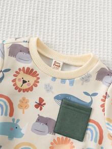 Cozy Pixies 2 Stücke Set für Baby Jungen: Weiches Strick-Sweatshirt mit Rundhalsausschnitt und langen Ärmeln, bedruckt mit Tiermotiven, und passende Hose mit elastischem Bund.