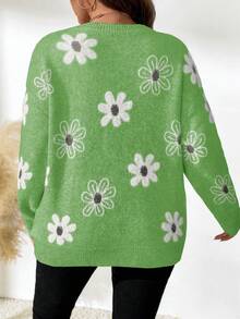 Plus Size Women Floral Pattern Pullover Sweater, Casual For Autumn/Winter - Mint Green - View 3