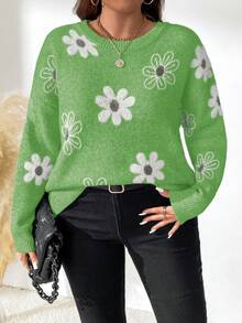 Plus Size Women Floral Pattern Pullover Sweater, Casual For Autumn/Winter - Mint Green - View 5