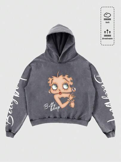 Betty Boop | ROMWE Sudadera con capucha con gráfico de figura lavada para hombres, corte holgado y acortado