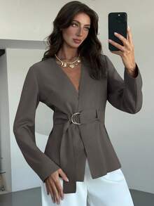 Aloruh Women's Solid Color Long Sleeve Cinched Waist Metal Ring Decor Fashion Blazer - Grey - View 5