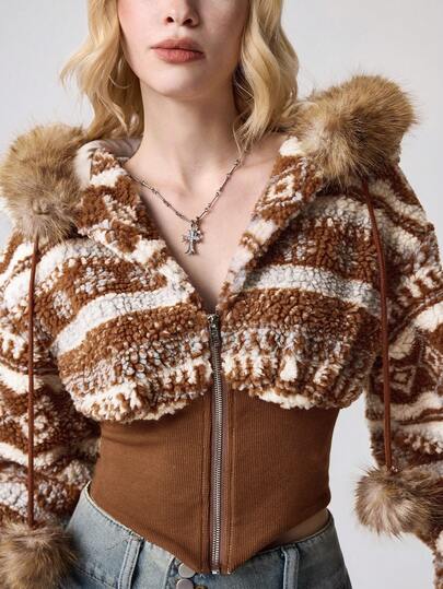 Hippie Women's Casual Vacation Style Western Geometric Patchwork Zip-Up Drawstring Faux Fur Hooded Wide Hem Jacket, Autumn/Winter