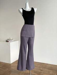 SHEIN LUNE 女式喇叭休闲裤，腰部覆盖设计 - 灰色 - 查看 6