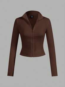 SHEIN EZwear 2 件棕色和卡其色针织拉链长袖 T 恤女士款，适合春秋季 - 彩色 - 查看 4