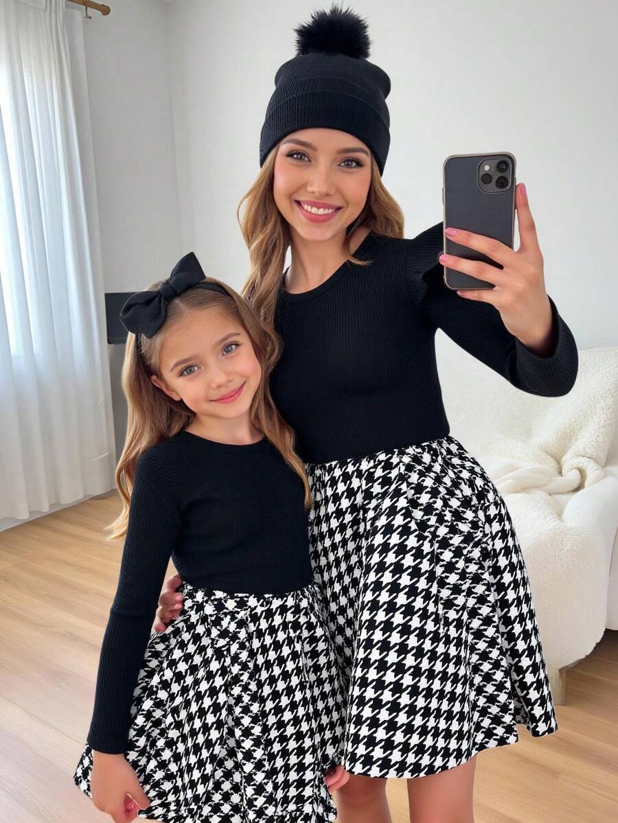 SHEIN Rochie elegantă și casual pentru fete, cu mânecă lungă, decolteu rotund, talie strânsă, linie A și mânecă scurtă drăguță cu flori, cu model în carouri, nou-venită toamnă-iarnă, fete tinere, ținute zilnice, școală, toamnă-iarnă, asortare cămașă albă, sezonul înapoi la școală.