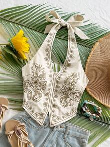 Soleia 杏色底黑色花卉刺绣露背蝴蝶结短款背心，适合音乐节 - 米色 - 查看 6