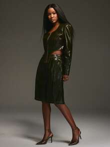 NYA SZN Ari Outerwear Jacket Dark Green Leather PU Vinyl Aged Cropped Zip Up Jacket Shoulder Pads Y2K Oversized Fall Statement Outifts For Women