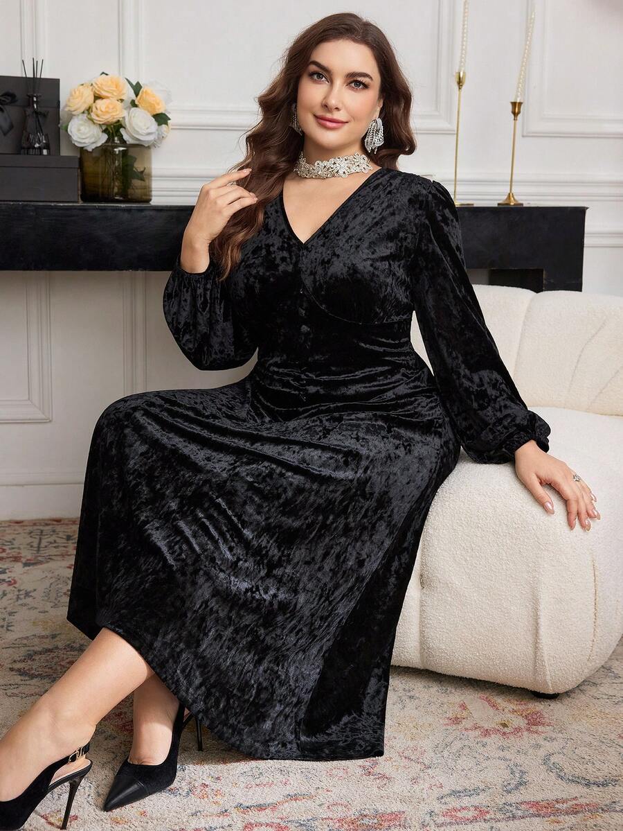 Modelyn Váy len dệt kim dáng chữ A dài tay nhung trơn màu cỡ lớn, thanh lịch, thường ngày, mùa thu/đông - màu đen - Xem 1