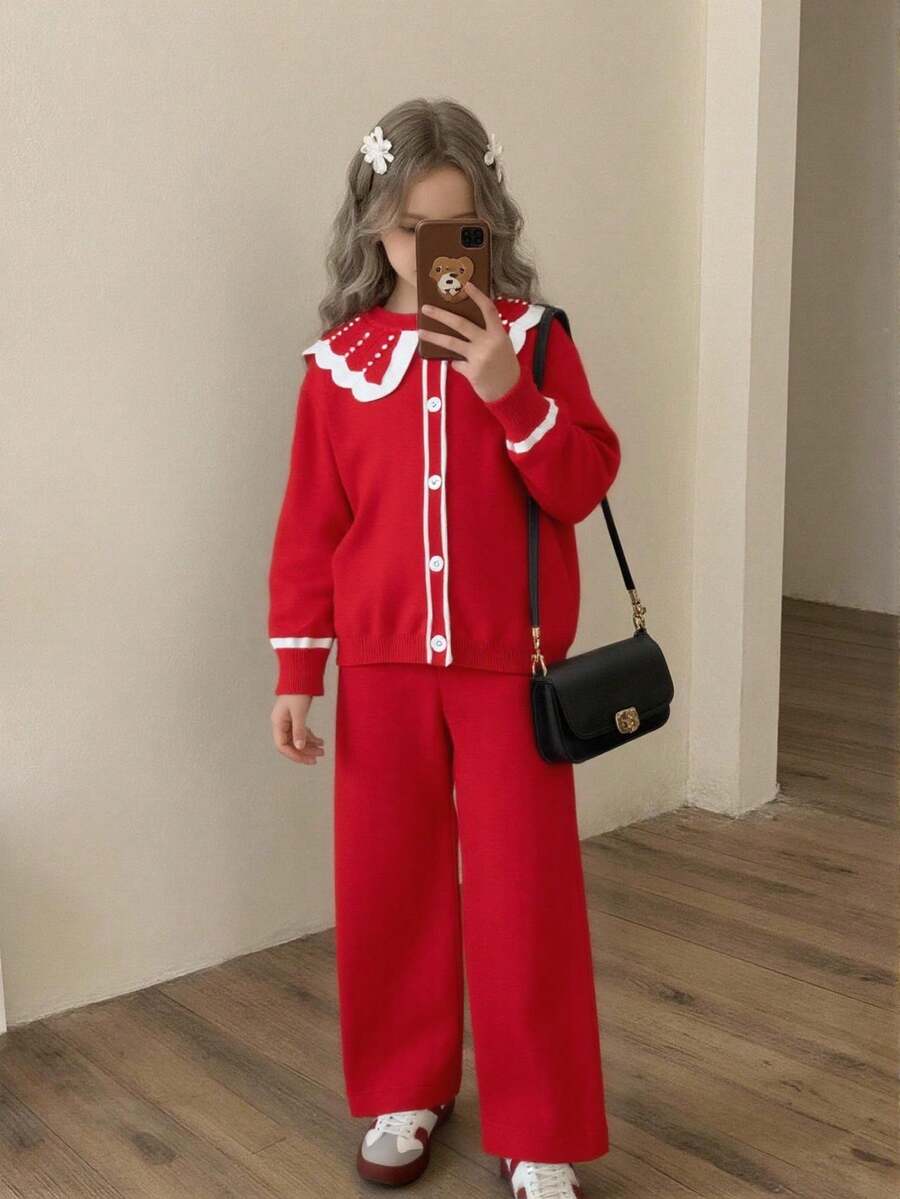 Elladie kids 年轻女孩优雅黑色珍珠装饰领毛衣 + 阔腿裤套装，柔软针织面料适合日常、外出、旅行、度假、居家、日托、学校、派对穿着