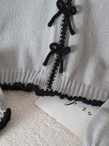 Tween Mädchen Strickjacke mit V-Ausschnitt, grau, mit Schleifen-Dekor, Langarm, kurzer Strickpullover, weich & bequem, geeignet für Frühling, Herbst, Winter, Alltag, Ausflüge, Reisen, Urlaub, Zuhause, Kinderbetreuung, Kinderspiel