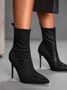 CUCCOO SZL 女士尖头细高跟黑色时尚简约性感踝靴，弹性踝靴，秋冬季时尚之选 - 黑色 - 查看 5