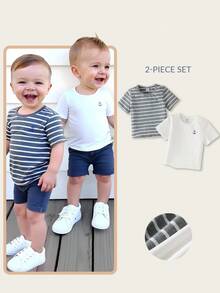 Joliand Joliand 2 件装男婴优雅都市纯棉海军蓝条纹和灰色条纹宽松短袖 T 恤，买 1 送 1，适合日常休闲穿着、旅行、居家、海滩、夏季 - 彩色 - 查看 2