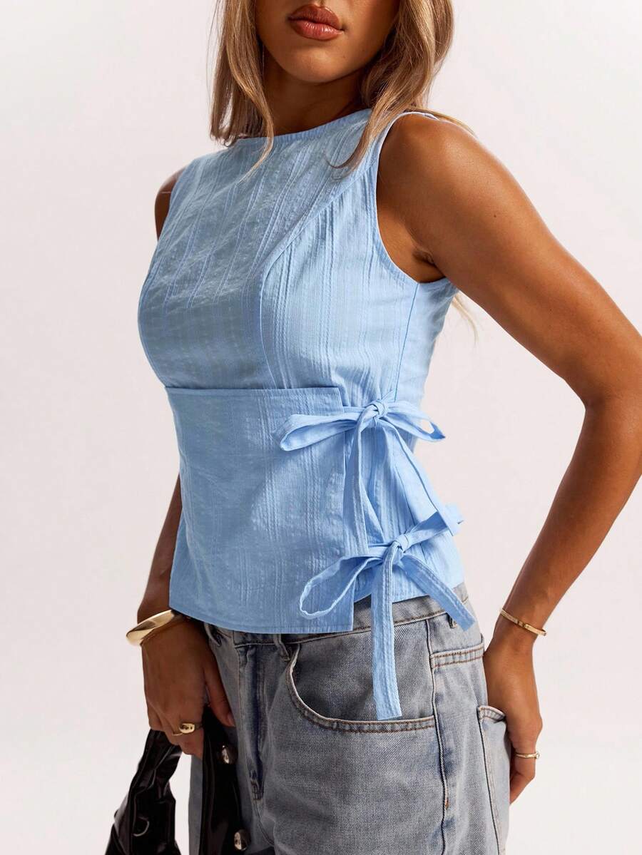 SHEIN BAE Áo thun nữ màu xanh trơn đơn giản, tối giản, thích hợp mặc đi làm, đi chơi, mặc nhiều dịp, mùa tựu trường, áo đi nghỉ, sân bay - Màu xanh lam - Xem 1