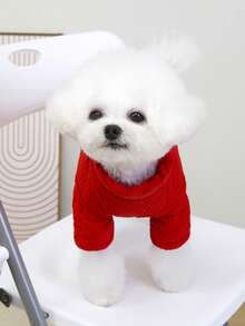PETSIN Bộ đồ liền thân dày dặn dễ thương cho thú cưng – Bộ đồ ngủ bằng lông cừu bốn chân dễ thương dành cho chó và mèo nhỏ, trang phục ấm áp cho mùa thu/đông để vui chơi và thư giãn - Đỏ - Xem 5