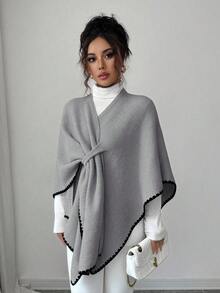 Elenzga 女款秋冬新款 1 件式時尚披肩領開衩披風輕量奢華休閒日常開襟針織外套 - 灰色 - 查看 4