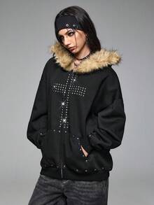 ROMWE Grunge Punk Áo nỉ cổ tròn rộng rãi thiết kế đinh tán chữ thập Punk Y2K - màu đen - Xem 5