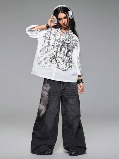 Grunge Punk Camisa holgada de mujer con decoración de ojetes con símbolos punk cibernéticos Y2K