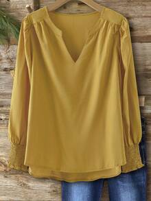 EMERY ROSE Plus Size Women Casual Solid Color Bohemian Style Faux Cotton Long Sleeve Shirt, Elastic Cuffs, Small V-Neck, Suitable For Autumn, Spring, And Winter As Base Layer - Yellow - View 1