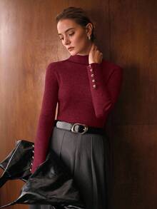 MOTF PREMIUM SIMPLE METAL BUTTON DECOR BASE LAYER SWEATER - Burgundy - View 5