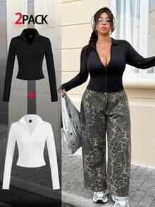 Muchica Plus Size Casual Solid Color Stand Collar Zip-Up Fitted T-Shirt, Autumn - Black and White - View 1