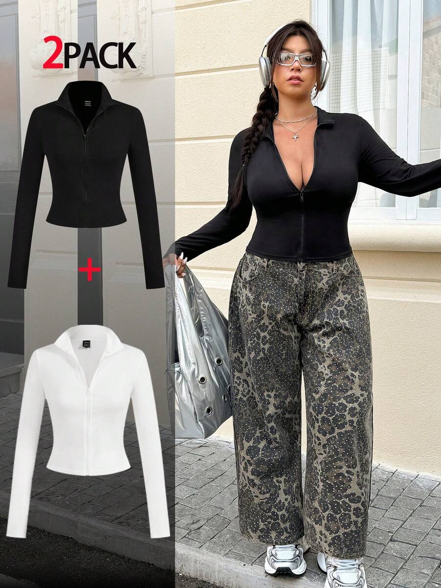 Muchica Plus Size Casual Solid Color Stand Collar Zip-Up Fitted T-Shirt, Autumn - Black and White - View 1