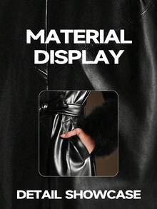 Anewsta Black Glossy Fitted Long Coat With Detachable Fur Collar, Belted, Fashion New Style For Autumn, Winter