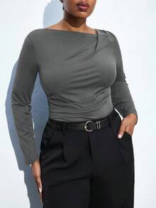 Maija Blusa de manga larga con diseño asimétrico y drapeado ajustado, para uso urbano, casual de oficina, elegante para fiestas de Navidad y Año Nuevo