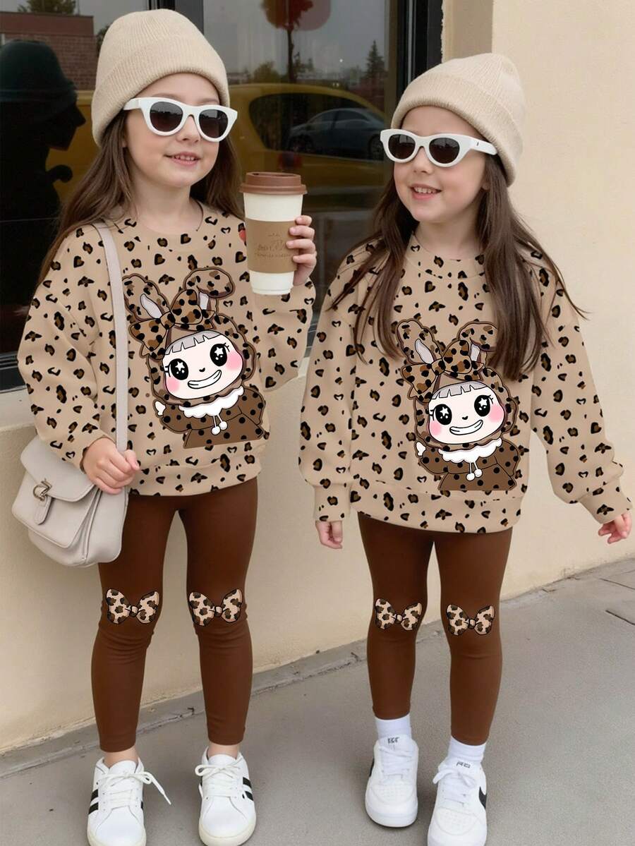 SHEIN 女童兩件套服裝組合,棕色豹紋兔子蝴蝶結印花運動衫與內搭褲,舒適秋冬女童服飾,適合秋季、學校、開學季 - 彩色 - 查看 1