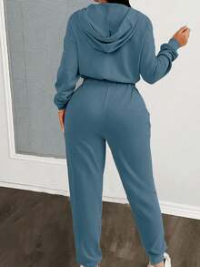 Zolique Women's Long Sleeve Zip Front Contrast Color Drawstring Hooded Jumpsuit - Dusty Blue - View 2