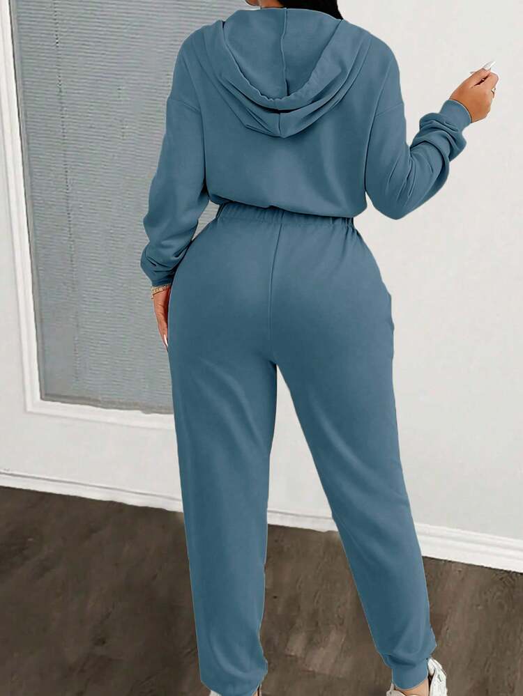 Zolique Women's Long Sleeve Zip Front Contrast Color Drawstring Hooded Jumpsuit - Dusty Blue - View 2